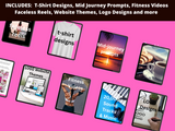 Collection of digital products including t-shirt designs, mid-journey prompts, fitness videos, faceless reels, website themes, and logo designs on a pink background.
