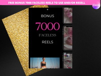 Promotional graphic with '7000 Faceless Reels' offer on a black and gold background.