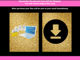 Promotional graphic for digital files with laptop and papers on gold glitter background