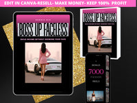 Promotional graphic for 'Boss Up Faceless' book and digital product with a woman standing next to a car.
