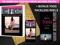 Promotional graphic for 'Boss Up Faceless' with a woman in a pink dress and car, and text about learning materials.
