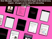Digital mockups of book pages on a pink background with text about page numbers and editing options.