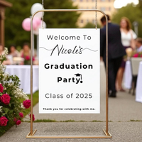 event sign mock up with sample graduation party sign, brass sign frame on ground for large signs 16 x20 or larger