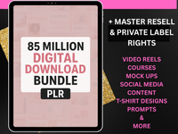 Digital download bundle with text on a tablet screen against a pink and black background