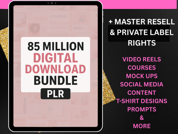Digital download bundle with text on a tablet screen against a pink and black background