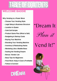 table of contents for a book or guide on vending business with a pink background and a woman using a laptop.
